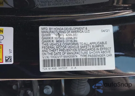 2021 Honda Accord Lx z USA, uszkodzony, nr VIN 1HGCV1F19MA059974